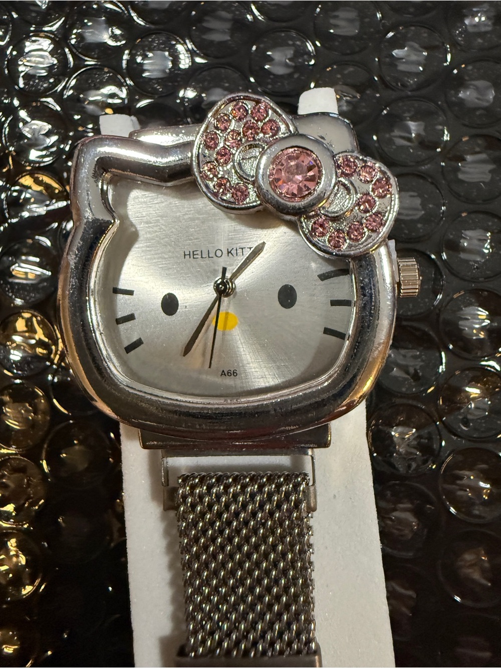 Hello Kitty Silver Mesh Watch with Pink Crystal Bow